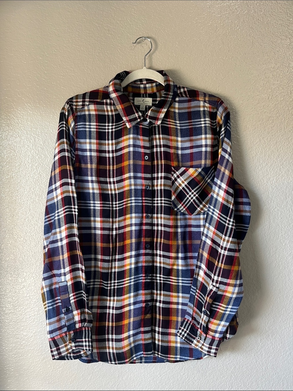 Lucky Brand Womens Plaid Button-Down Shirt - Navy, Maroon, Yellow Sz L TC0164